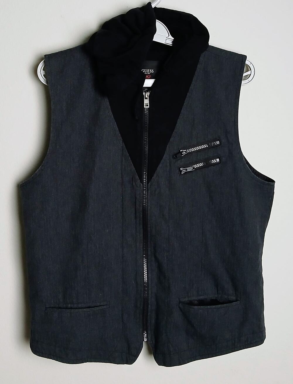 Mens Hooded Vest L Gray Black Mixed Media Full Zip Asymmetric Accent Waistcoat